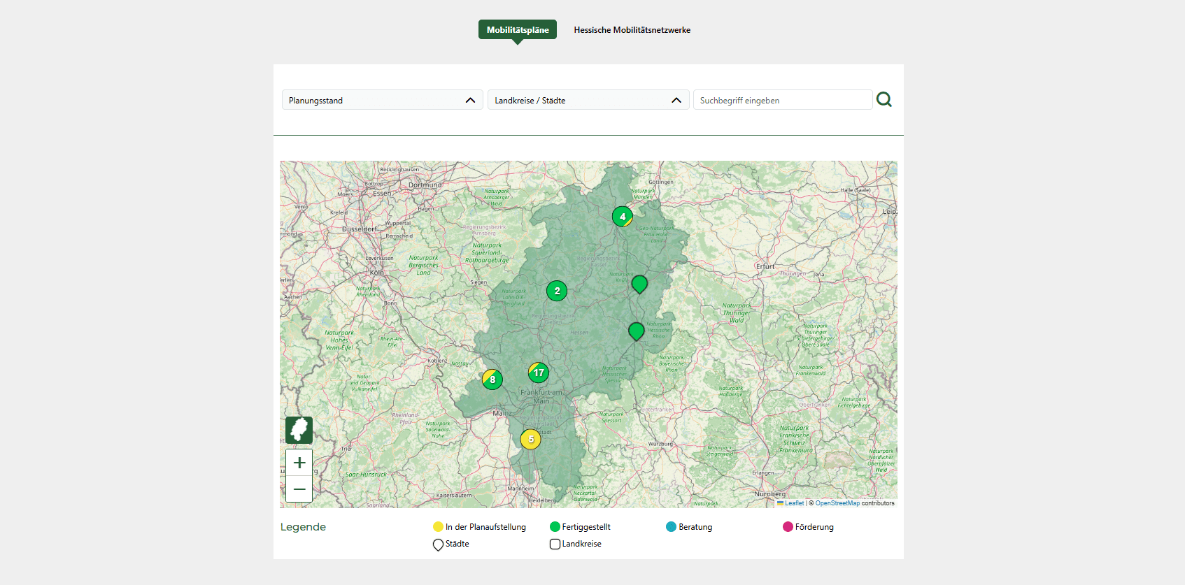 Benutzeroberfläche der interaktiven Hessenkarte